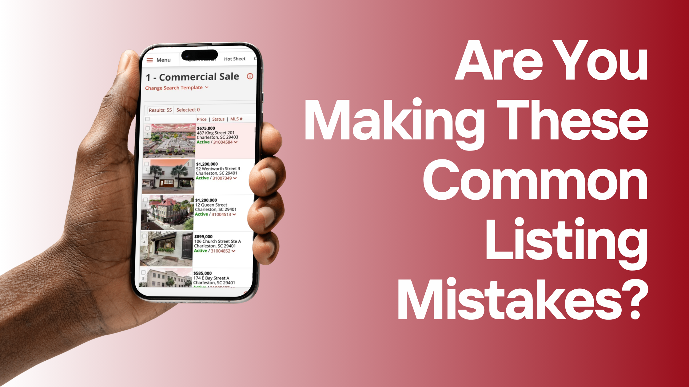 red background with white overlay text and a hand holding a phone showing commercial mls listings